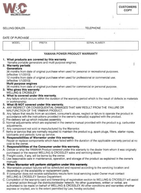 Yamaha Generator Warranty Information