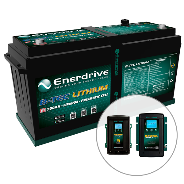 Camping Power Enerdrive ePOWER B-TEC 200Ah Lithium Battery, 40A DC2DC + 40A AC Charger Pack