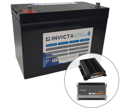 Invicta 12V 200Ah Lithium Battery with Bluetooth + BMPRO 30Ah 12V DC Battery Charger + BMPRO 25Ah 12V AC Battery Charger