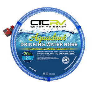 Coast RV Aquaduct 20m Blue Drinking Water Hose with Kit Fittings, 12mm