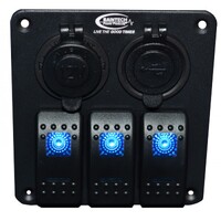 Baintech 12/24V LED 3 Way Rocker Switch Panel; with Ciga & USB Socket