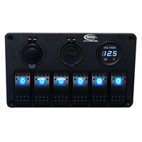 Baintech 12/24V LED 6 Way Rocker Switch Panel; with Volt Meter, Ciga & USB Socket