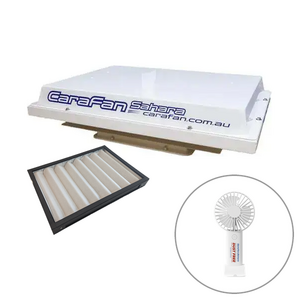 CaraFan Sahara 12V CP700 White Caravan Pressuriser with Replacement Filter Washable Bundle