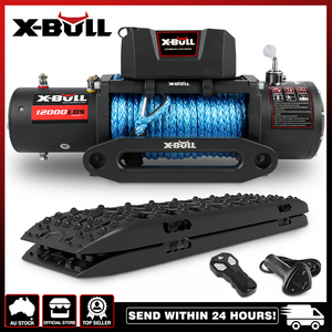 X-BULL 12000LB / 5443kg 12V Synthetic Rope Electric Winch with Red Recovery Tracks 4 Pack