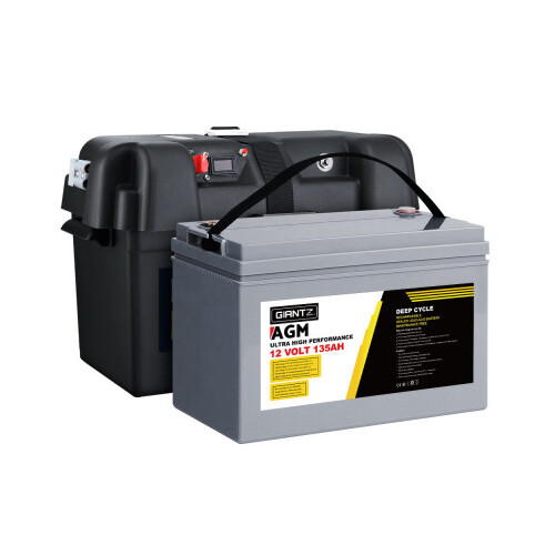 Giantz 12V 135Ah AGM Deep Cycle Battery with Battery Box, Max 1400 Cycles