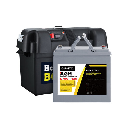 Giantz 12V 75Ah AGM Deep Cycle Battery with Battery Box, Max 1400 Cycles