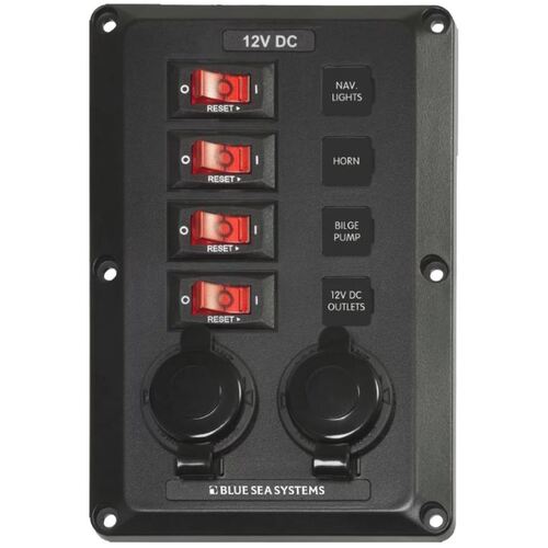 Blue Sea 4 Position with 12V Sockets Below Deck Circuit Breaker Panel