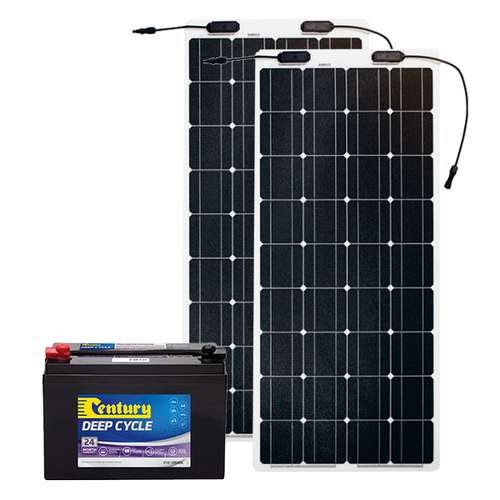 Century 105Ah AGM Deep Cycle Battery, 2 x eArc 100W Flexible Solar Panel