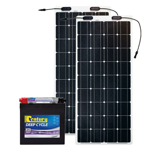 Century 75Ah AGM Deep Cycle Battery, 2 x eArc 100W Flexible Solar Panel