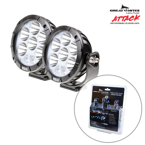 Great Whites Attack 2 x 170 Series Round LED Driving Light with 12/24V Wiring Harness