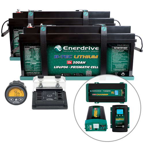 Enerdrive B-TEC 2 x 300Ah Lithium Battery, 40A DC2DC, 100A AC, 2600W Inverter & ePro+