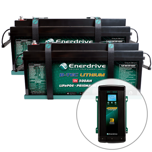 Enerdrive B-TEC 2 x 300Ah Lithium Battery & 60A AC Charger Bundle