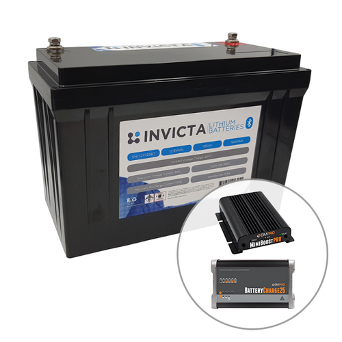 Invicta 12V 125Ah Lithium Battery with Bluetooth + BMPRO 30A 12V DC Battery Charger + BMPRO 25A 12V AC Battery Charger