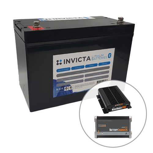 Invicta 12V 200Ah Lithium Battery with Bluetooth + BMPRO 30A 12V DC Battery Charger + BMPRO 25A 12V AC Battery Charger