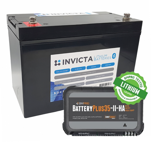 Invicta 12V 200Ah Lithium Battery with Bluetooth + BMPRO BatteryPlus35-II-HA 35A High Amp Battery Management System Bundle